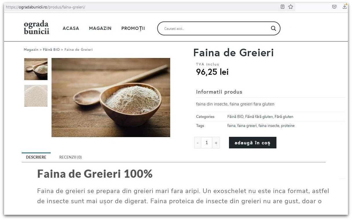 Făină de greieri mari din Ograda Bunicii-  Un magazin on-line din România comercializează produsul de propagandă al marii resetări alimentare la prețuri piperate, lăudând calitățile nutritive ale acestuia: NU ARE COVID! | ActiveNews